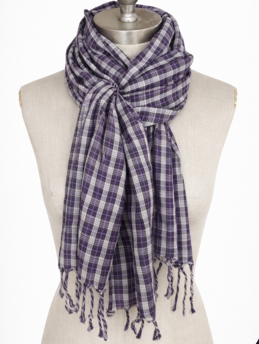 LANDS’ END Purple Plaid Wool Blend Scarf | Fringe Detail Lightweight 19" x 66"